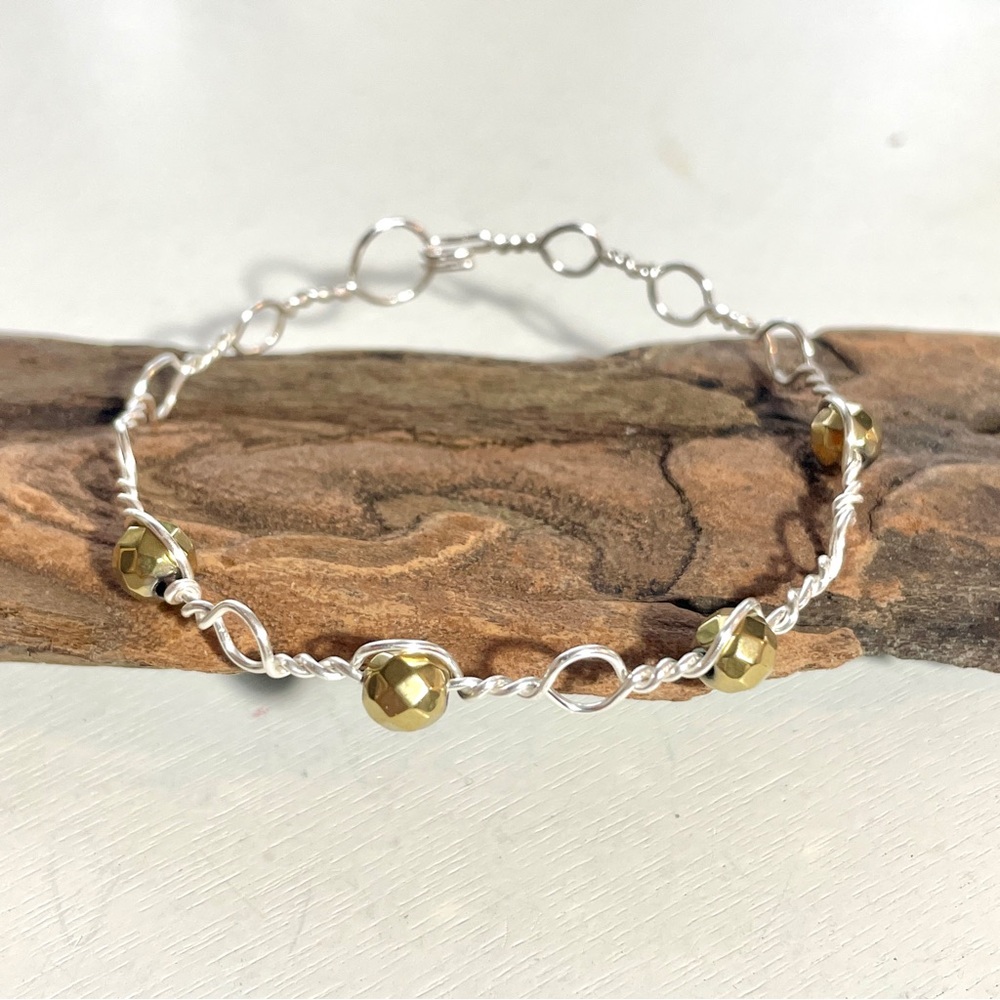 Handcrafted Silver Plated and Gold Tone Beaded Bangle Bracelet